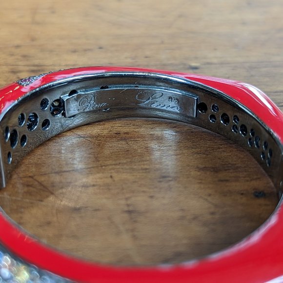 Rina Limor Red Enamel Bracelet 925 Sterling Silver Clamper Bangle Cuff Signed - Picture 5 of 7